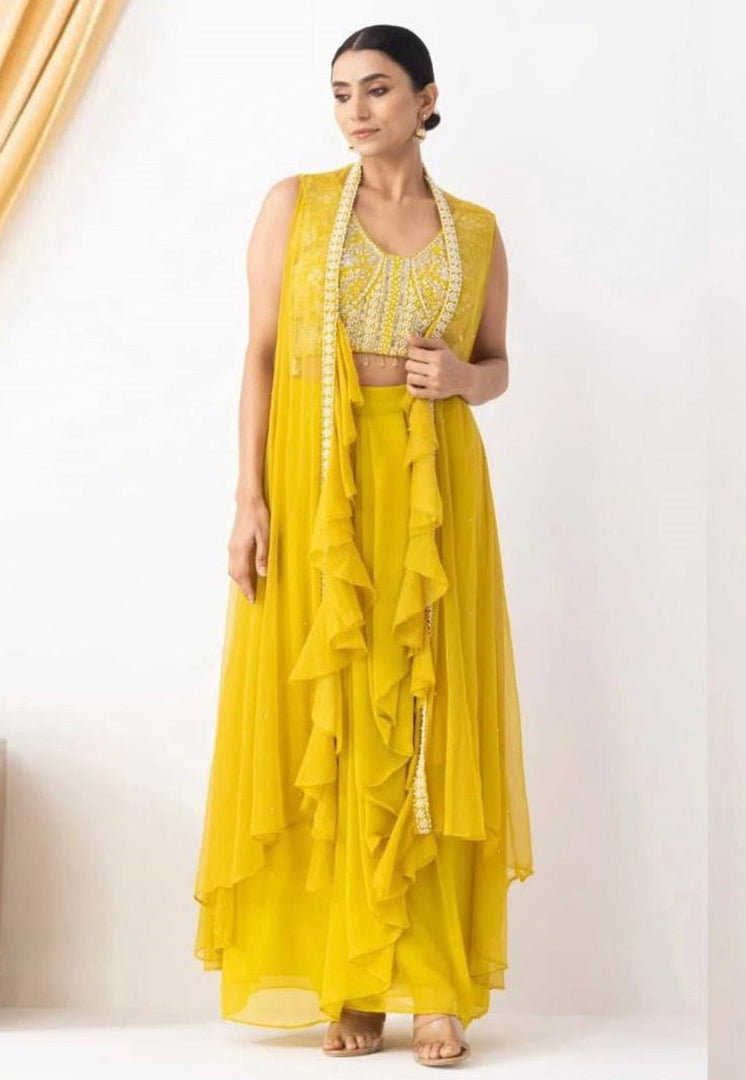 Yellow Georgette Jacket Style Suit