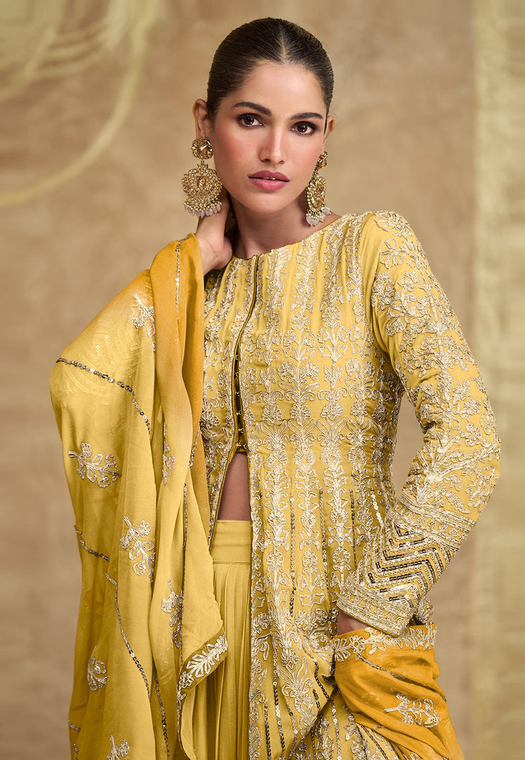 Yellow Georgette Long Choli Lehenga