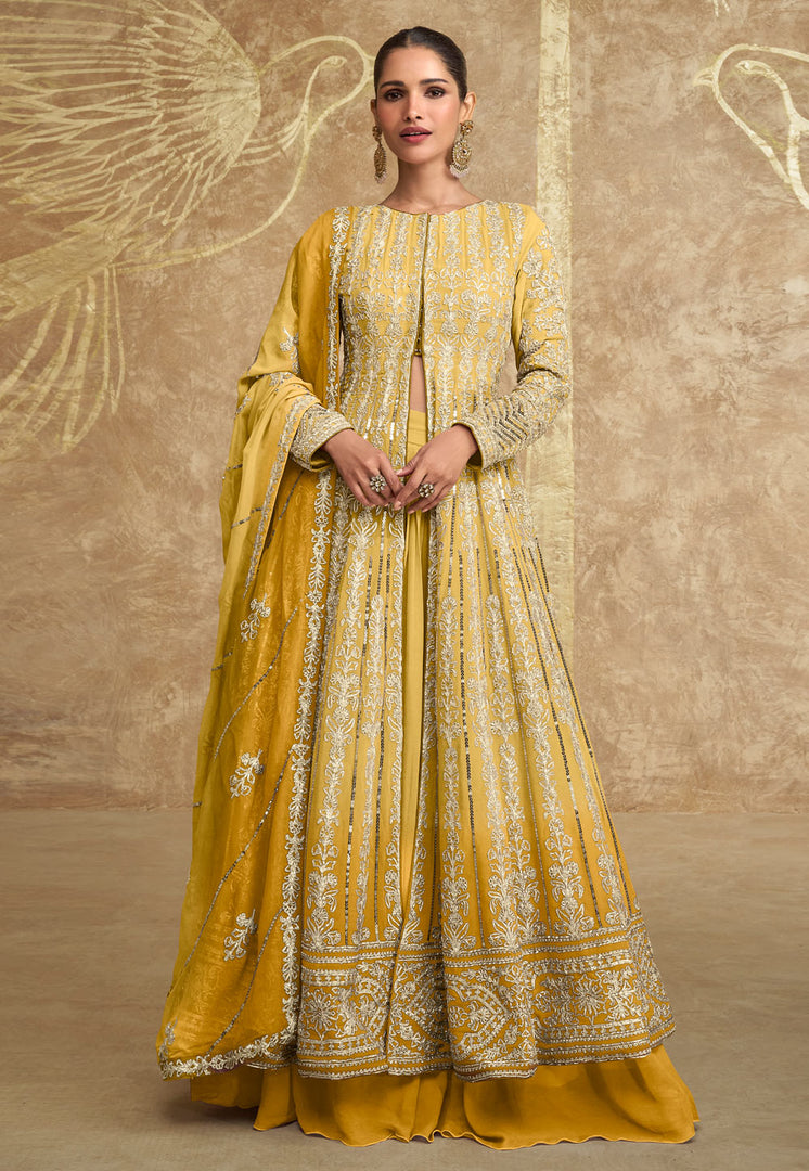 Yellow Georgette Long Choli Lehenga