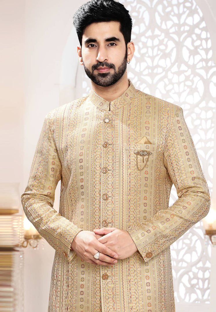 Yellow Jacquard Indo Western Suit