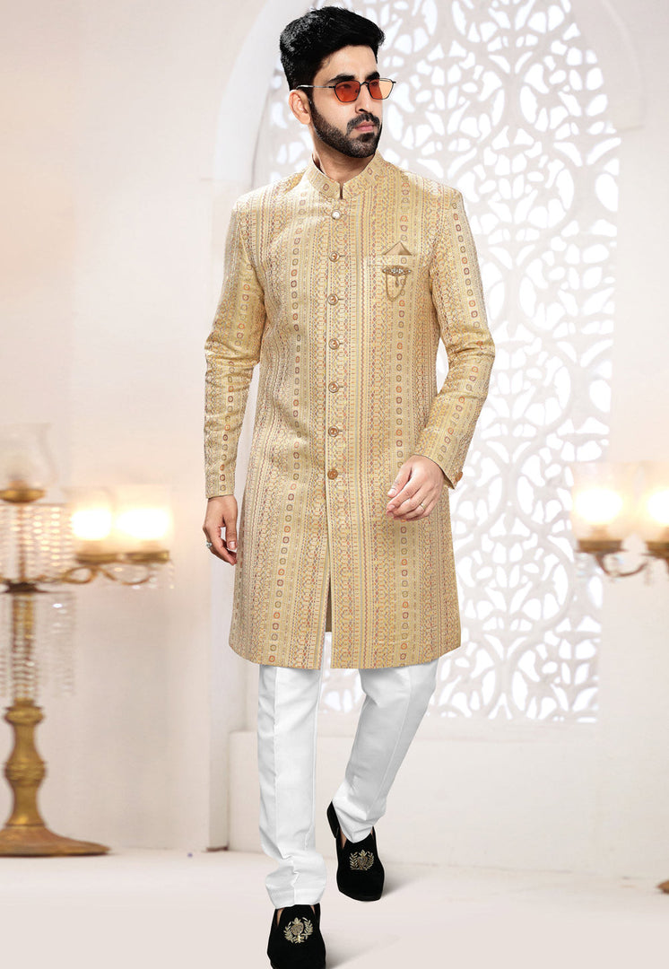 Yellow Jacquard Indo Western Suit