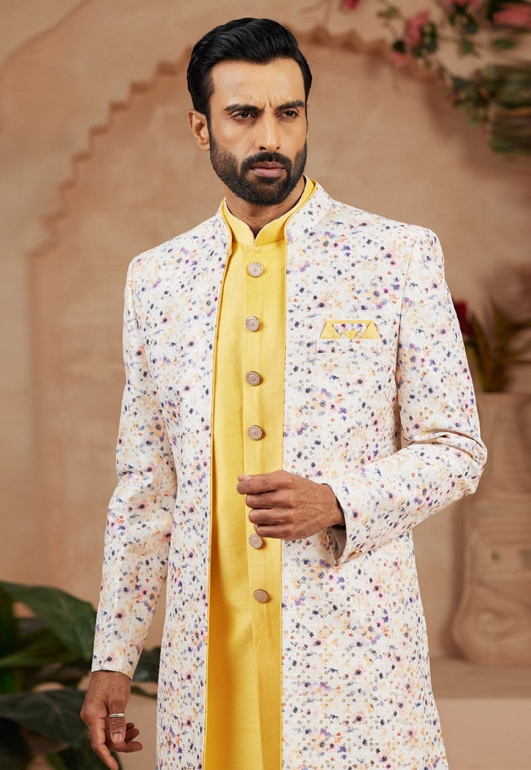 Yellow Jacquard Jacket Style Sherwani