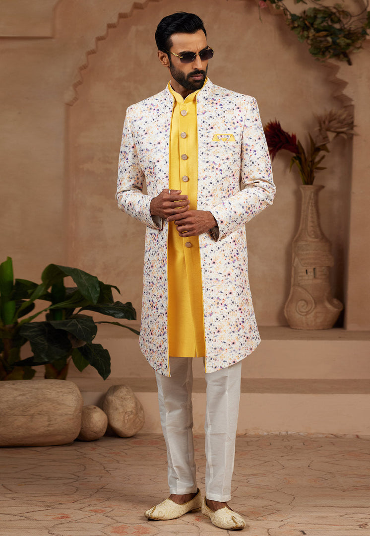 Yellow Jacquard Jacket Style Sherwani