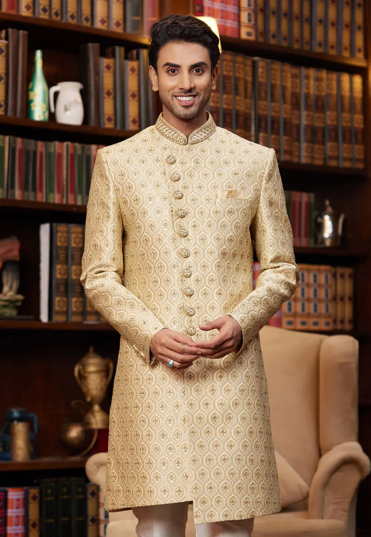 Yellow Jacquard Silk Indo Western Sherwani