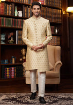 Load image into Gallery viewer, Yellow Jacquard Silk Indo Western Sherwani
