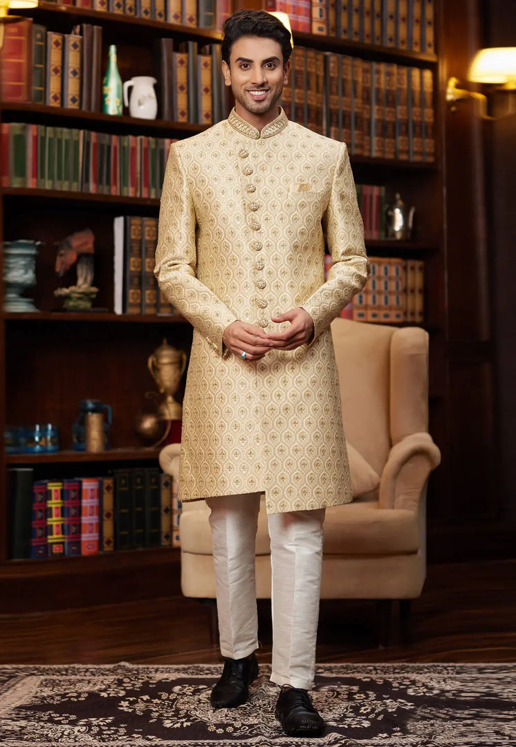 Yellow Jacquard Silk Indo Western Sherwani