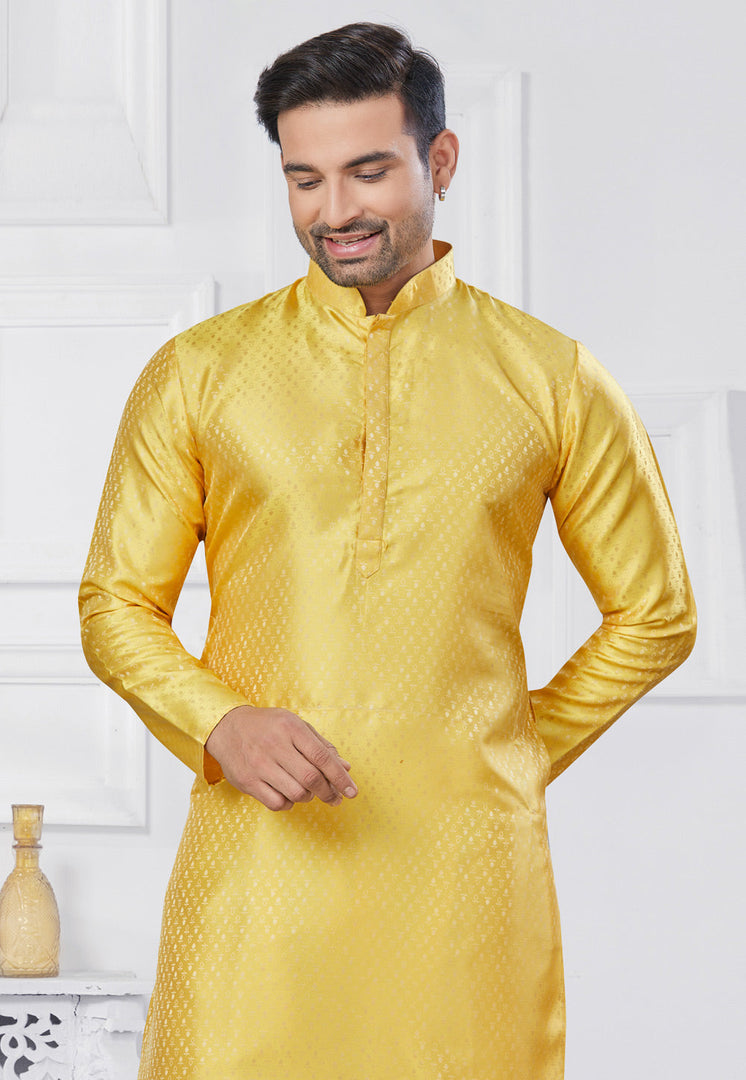 Yellow Jacquard Silk Pathani Suit