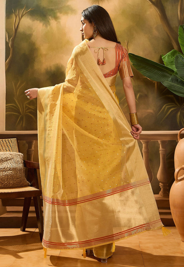 Yellow Khadi Saree With Blouse