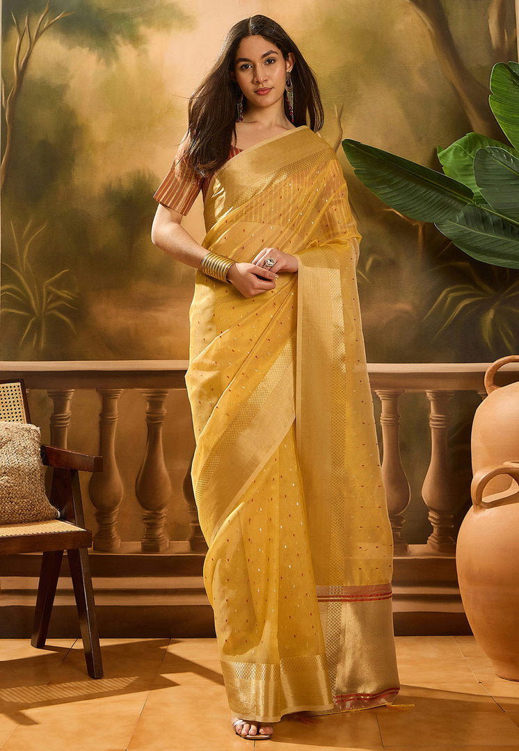 Yellow Khadi Saree With Blouse