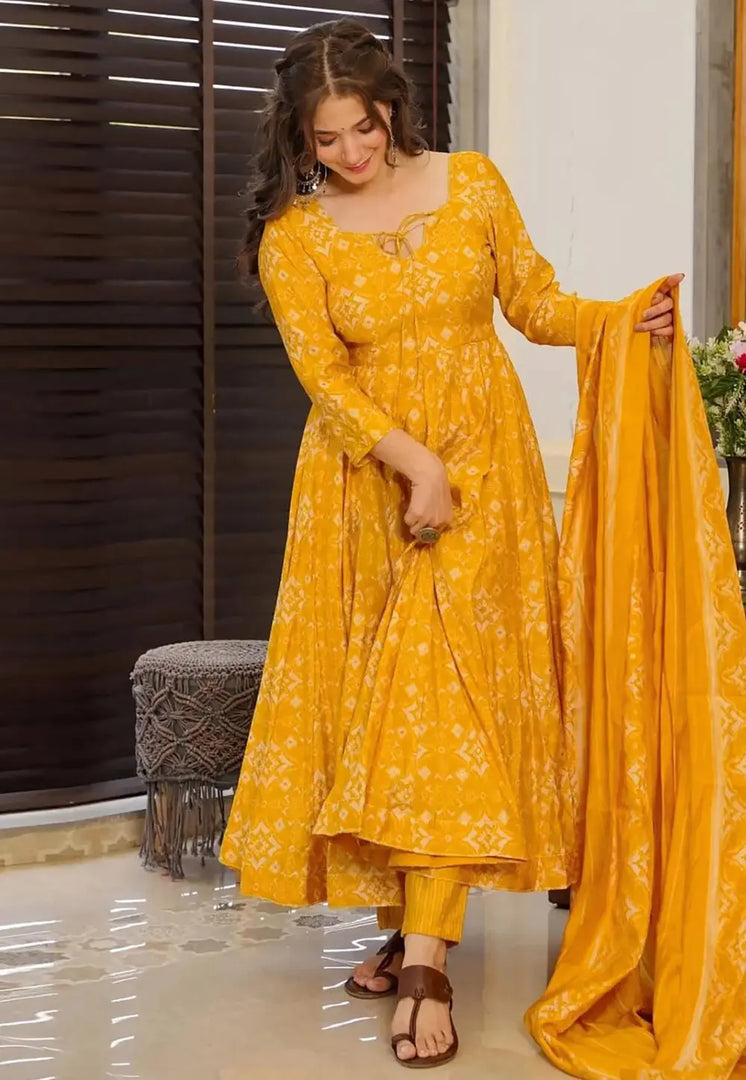 Yellow Muslin Readymade Pant Style Suit