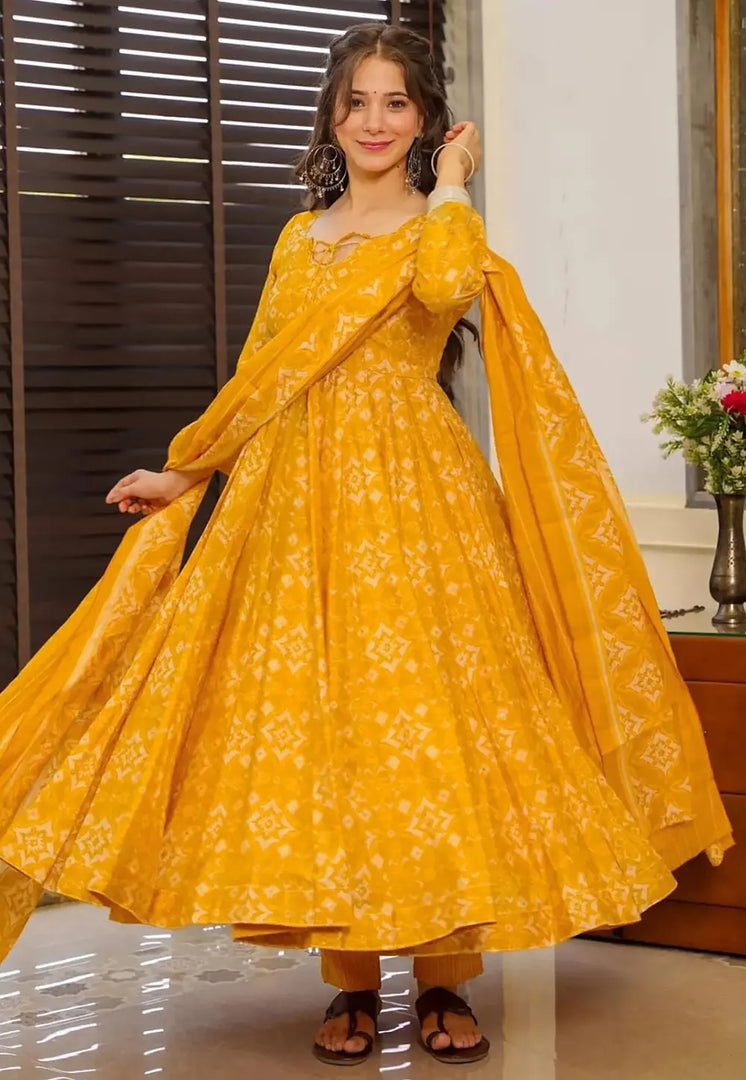 Yellow Muslin Readymade Pant Style Suit