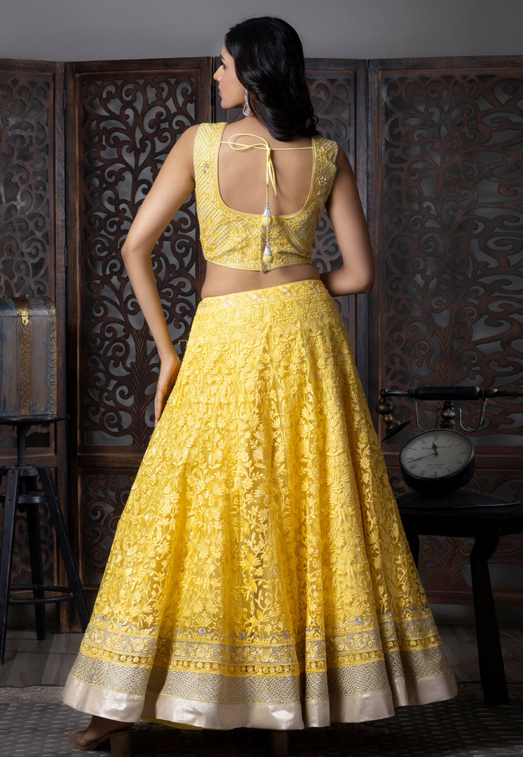 Yellow Net Readymade A Line Lehenga Choli