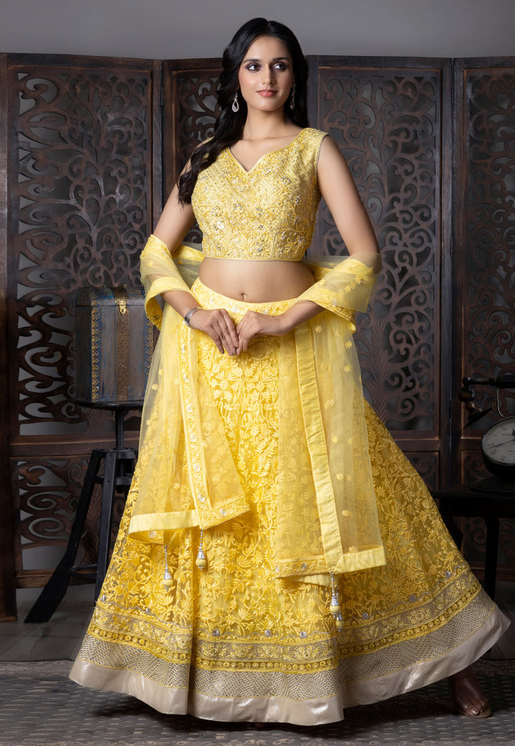Yellow Net Readymade A Line Lehenga Choli
