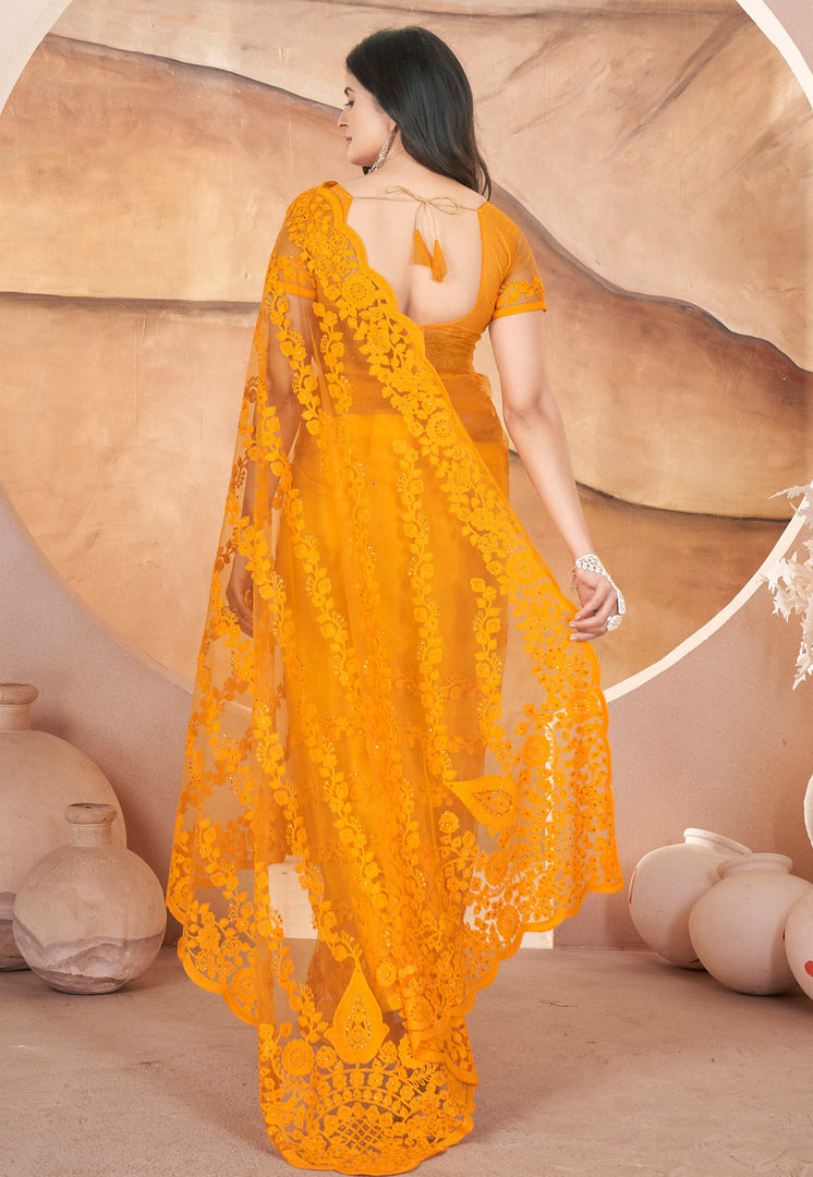 Yellow Net Saree With Blouse