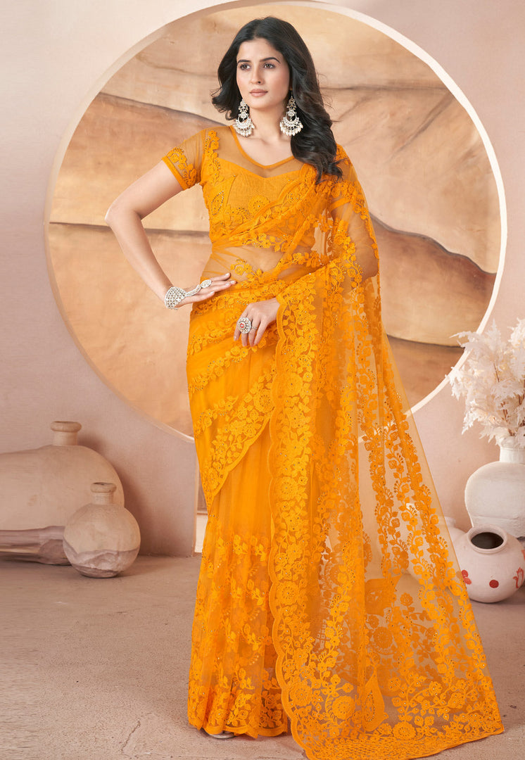 Yellow Net Saree With Blouse