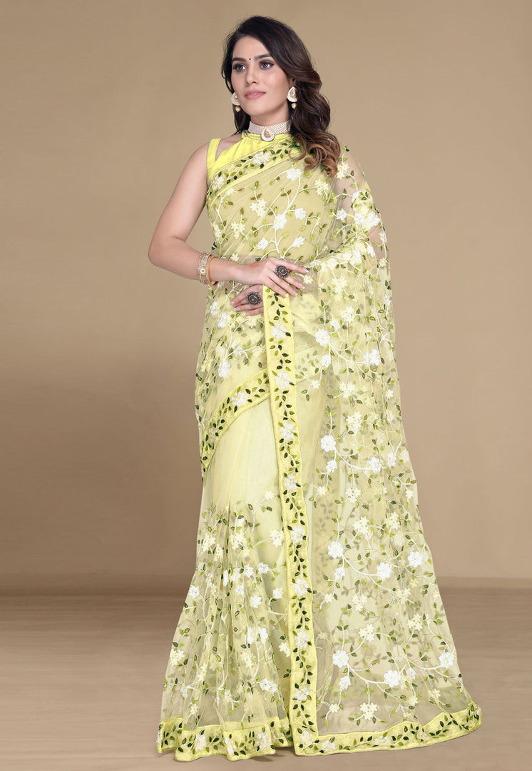 Yellow Net Saree With Blouse