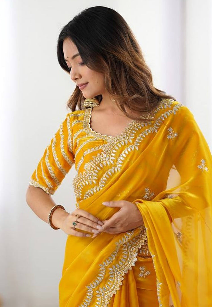 Yellow Organza Saree With Blouse