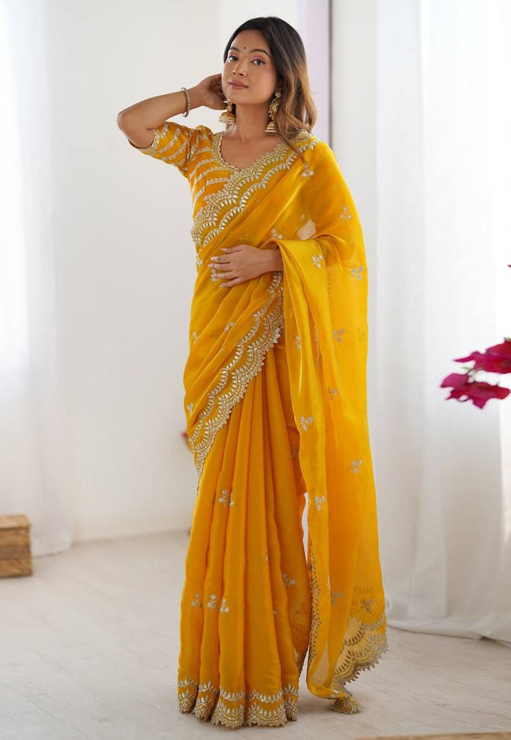 Yellow Organza Saree With Blouse