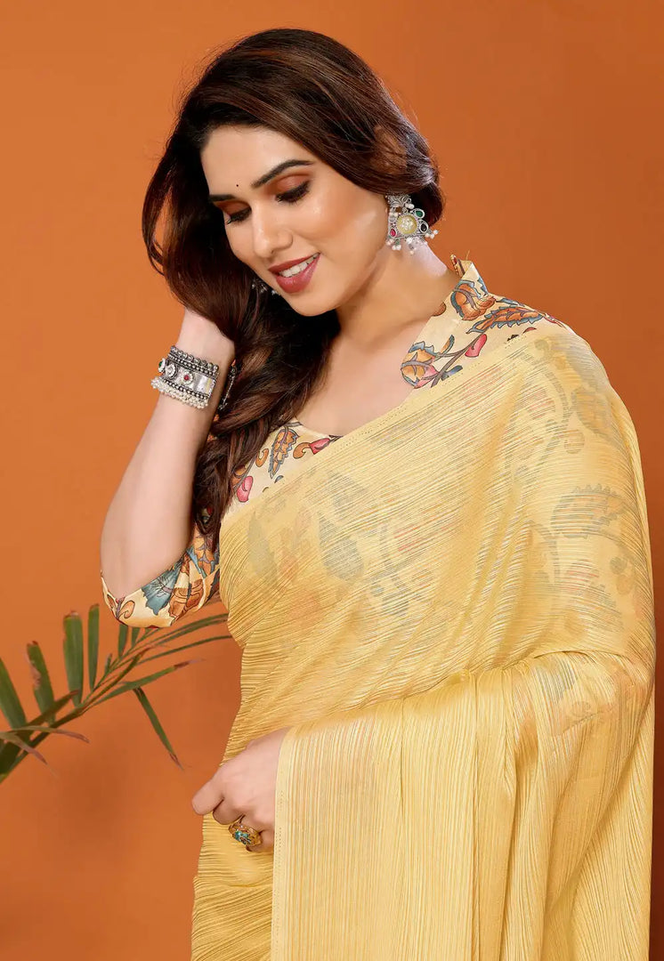 Yellow Polyester Saree With Blouse