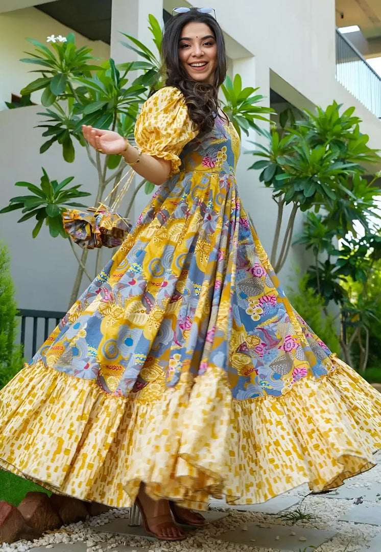 Yellow Rayon Printed Gown