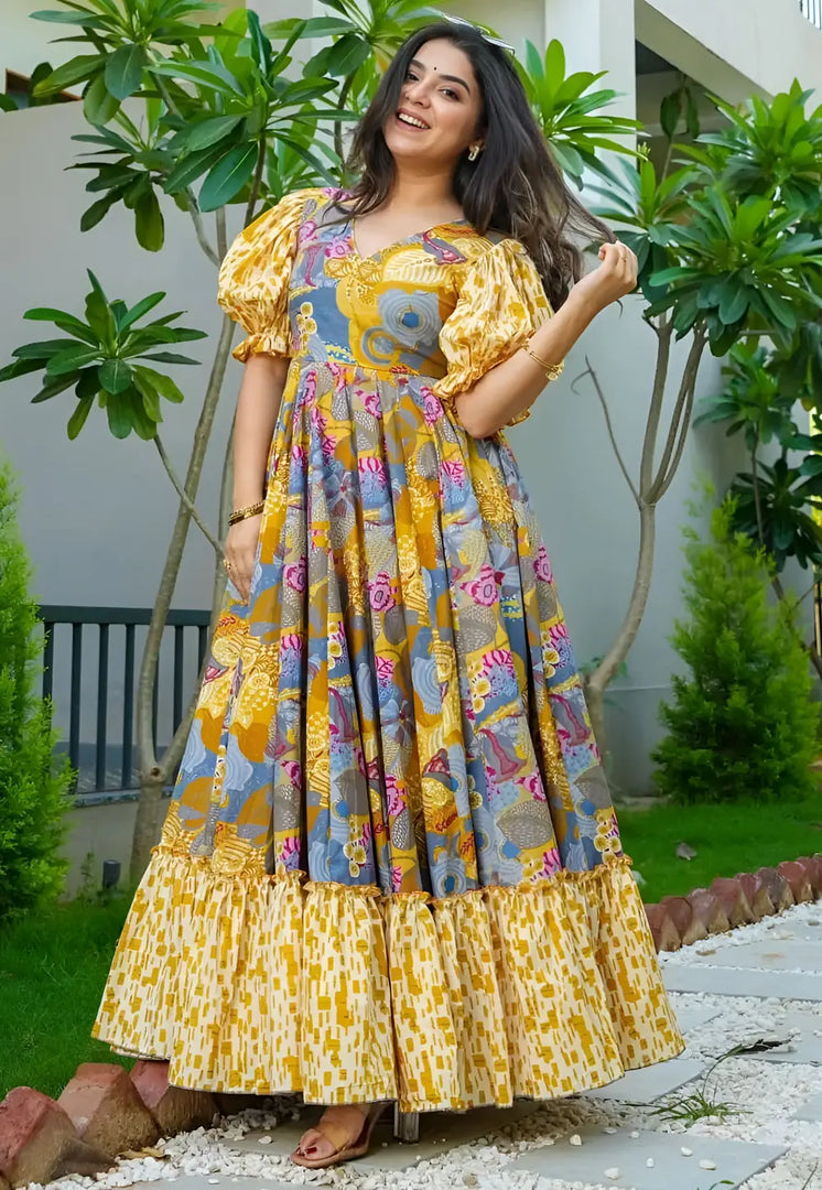 Yellow Rayon Printed Gown