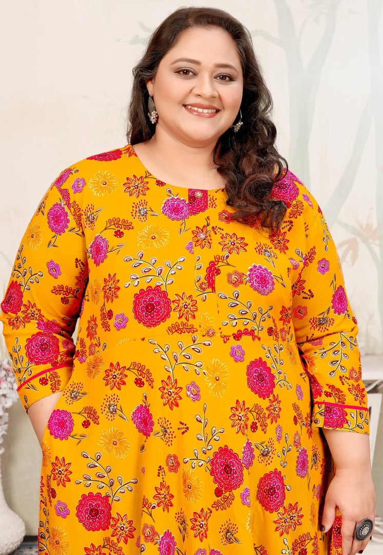 Yellow Rayon Printed Long Tunic
