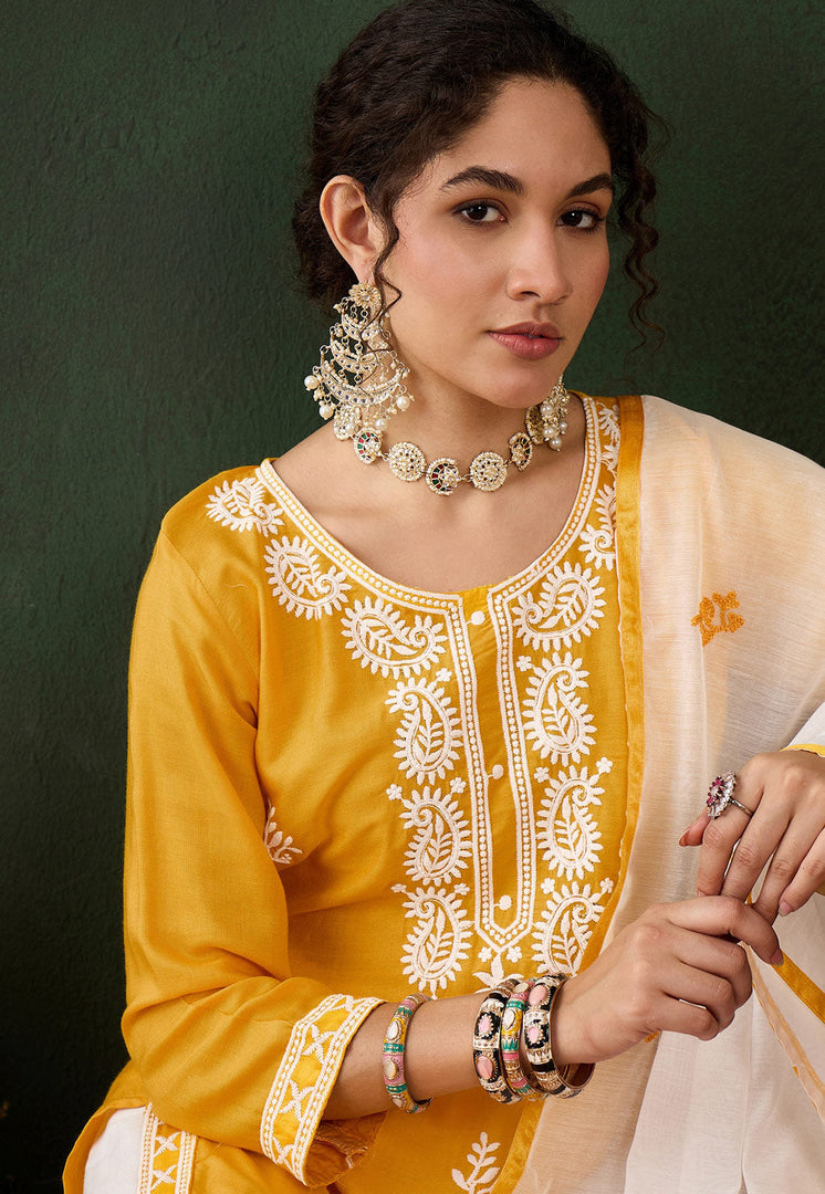 Yellow Rayon Readymade Chikankari Suit
