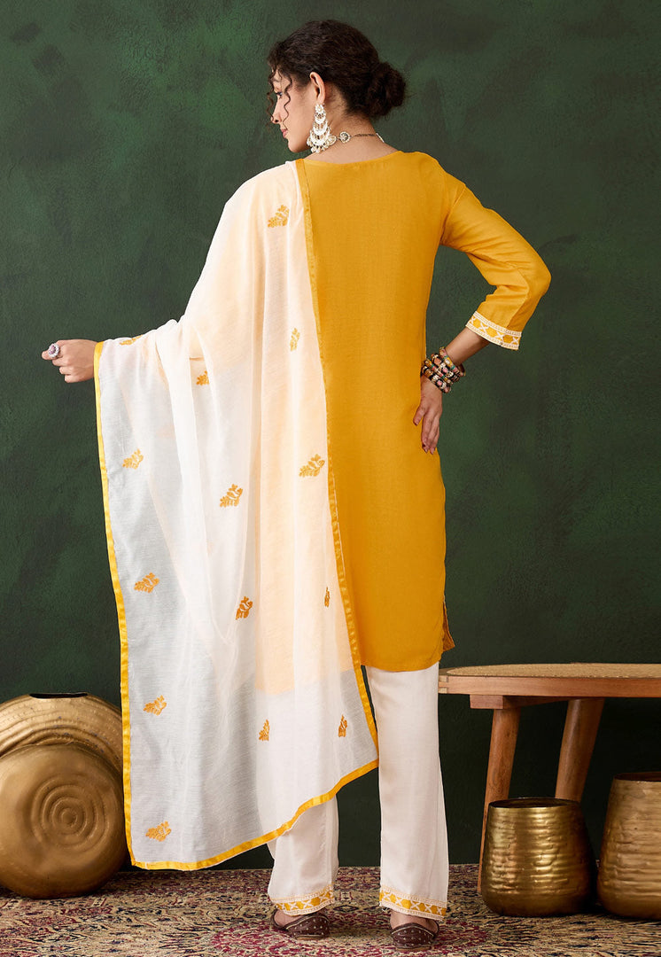 Yellow Rayon Readymade Chikankari Suit