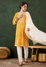 Load image into Gallery viewer, Yellow Rayon Readymade Chikankari Suit
