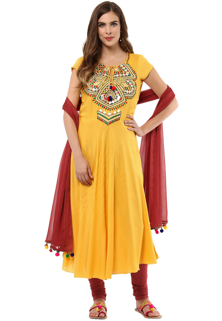 Yellow Rayon Readymade Churidar Suit