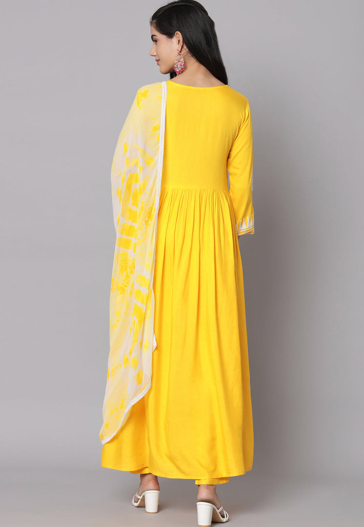 Yellow Rayon Readymade Long Anarkali Suit