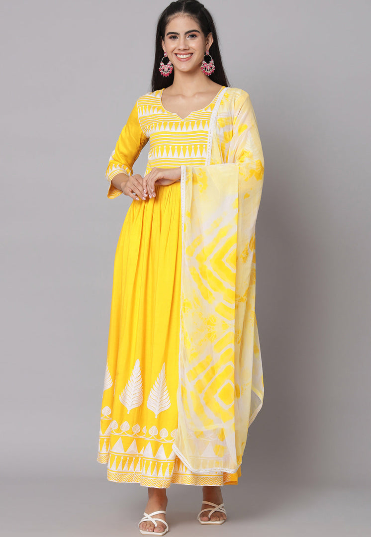 Yellow Rayon Readymade Long Anarkali Suit