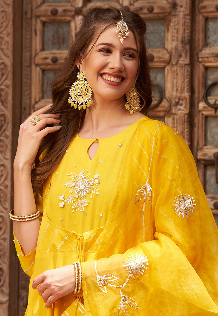 Yellow Rayon Readymade Pant Style Suit