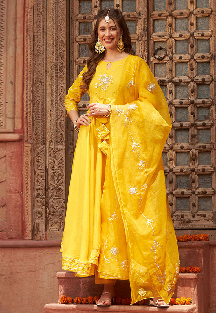 Yellow Rayon Readymade Pant Style Suit