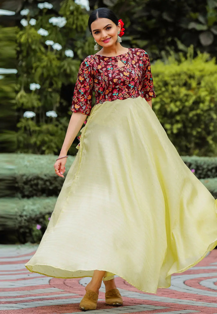 Yellow Satin Silk Gown