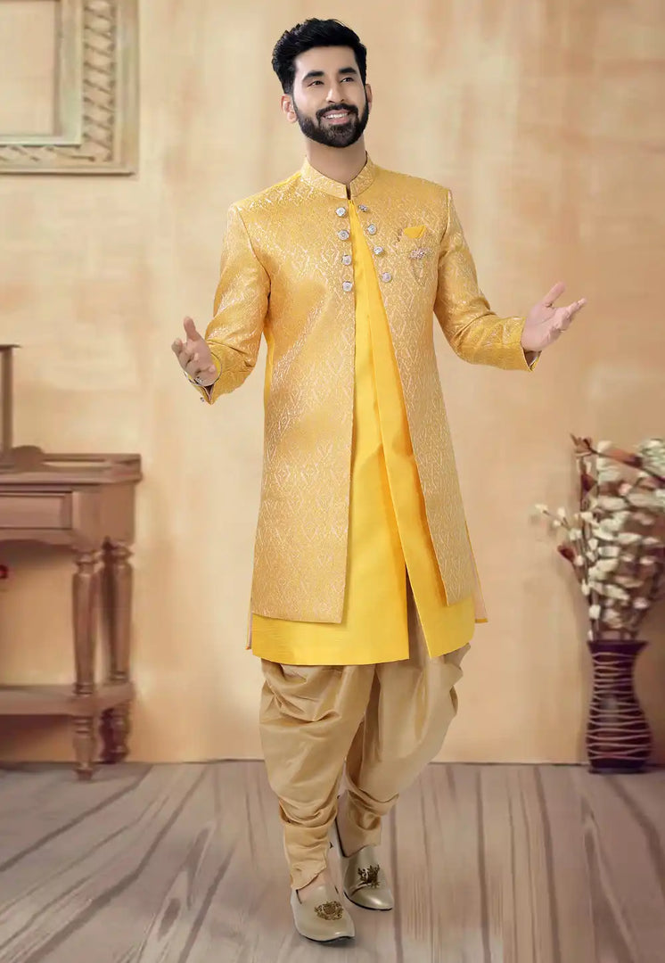 Yellow Silk Dhoti Sherwani