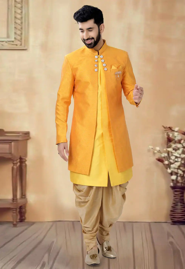Yellow Silk Dhoti Sherwani