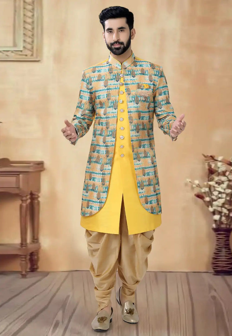 Yellow Silk Dhoti Sherwani