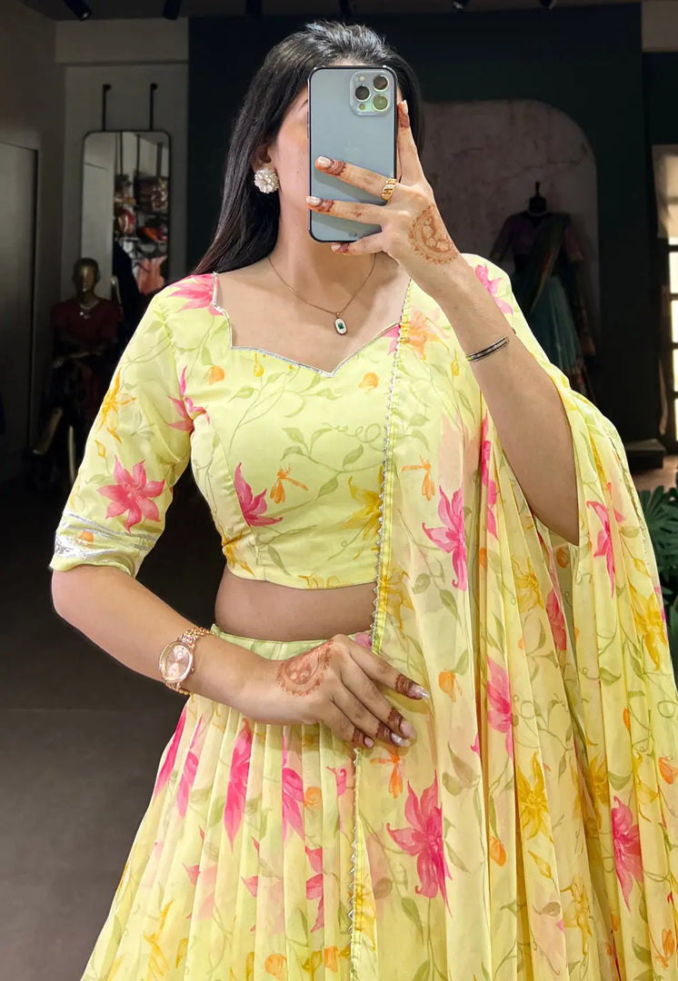 Yellow Silk Floral print Lehenga choli