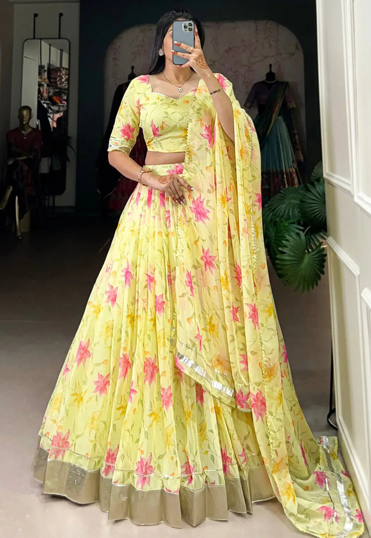 Yellow Silk Floral print Lehenga choli