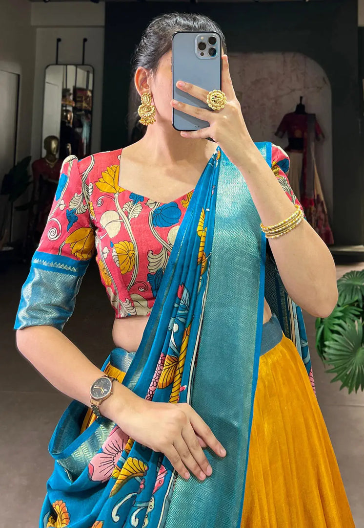 Yellow Silk Floral print Lehenga choli
