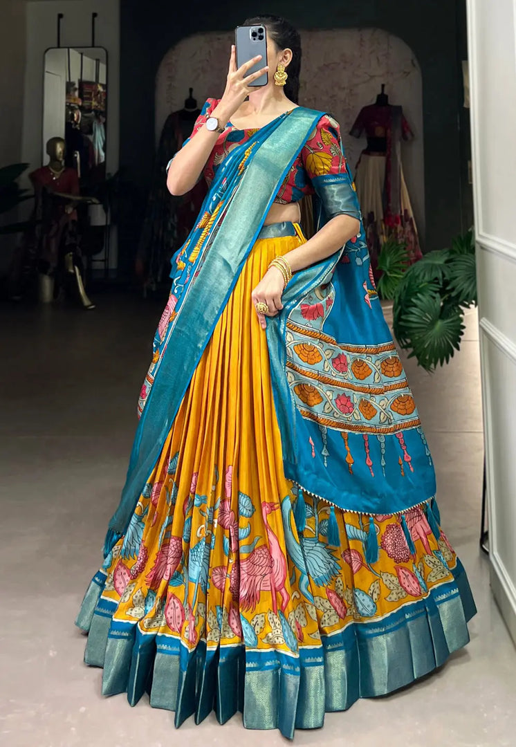 Yellow Silk Floral print Lehenga choli