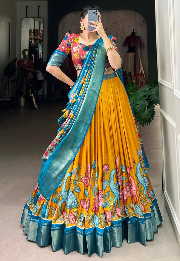 Yellow Silk Floral print Lehenga choli