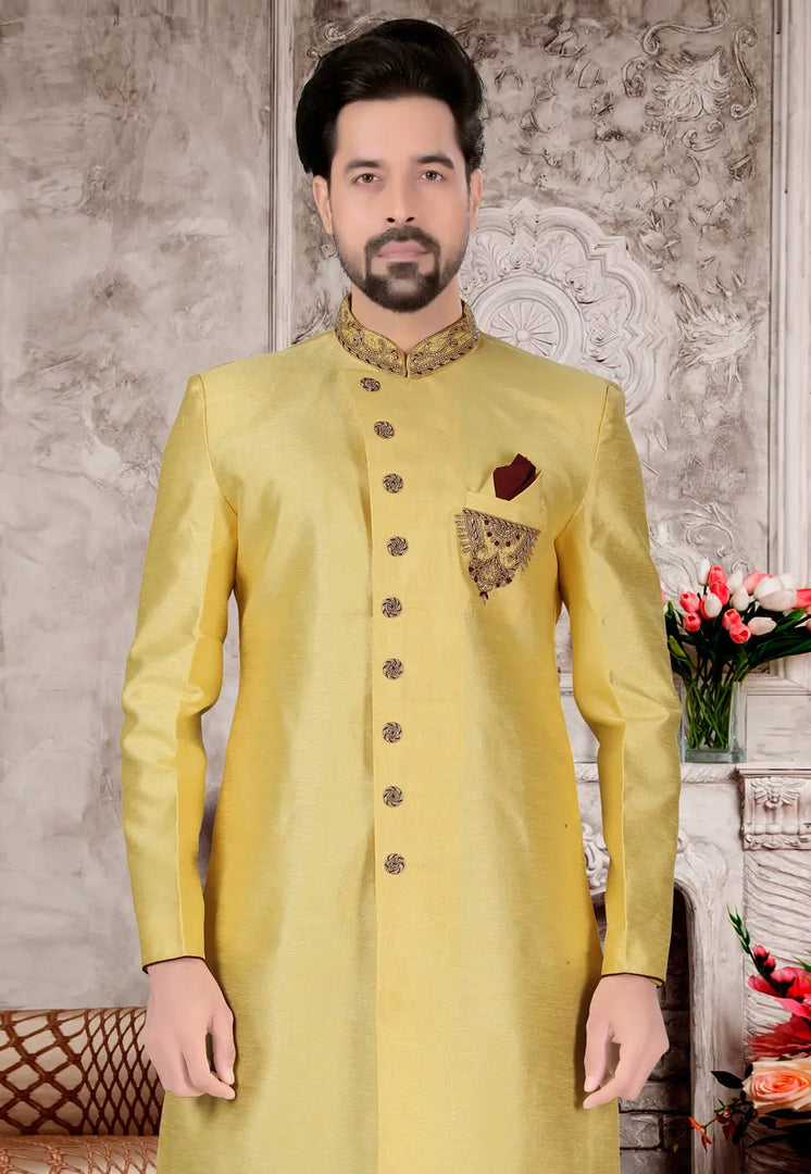 Yellow Silk Indo Western Sherwani