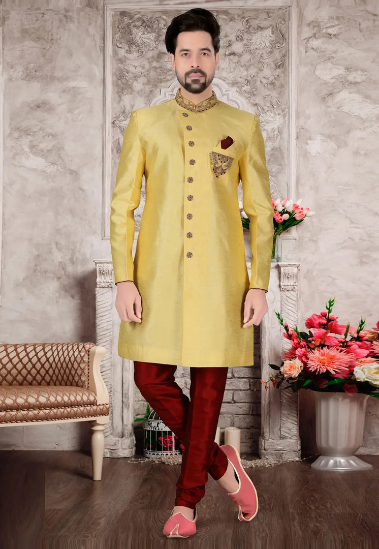 Yellow Silk Indo Western Sherwani