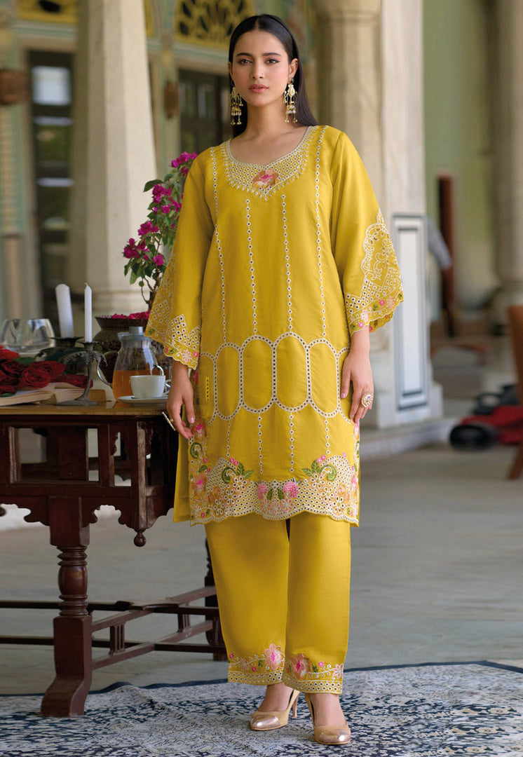 Yellow Silk Kurta Set With Pant