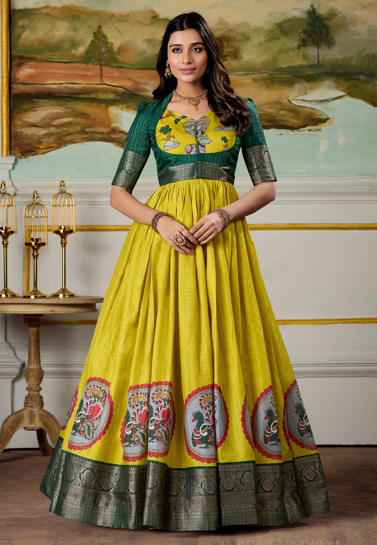 Yellow Silk Printed Gown