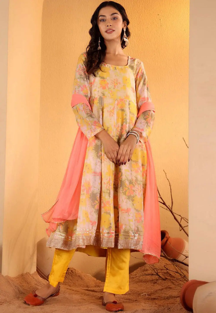 Yellow Silk Readymade Anarkali Suit