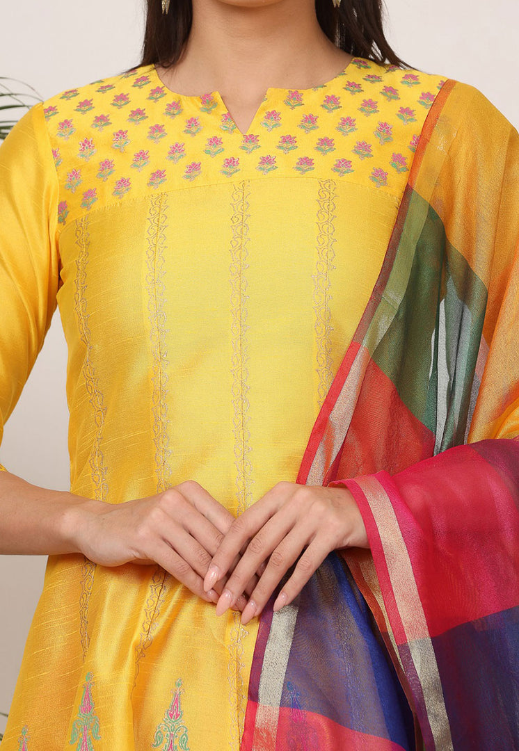 Yellow Silk Readymade Churidar Suit