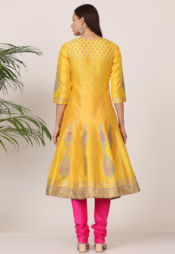 Yellow Silk Readymade Churidar Suit